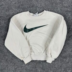 Nike Sweatshirt Kids Size 4XS Off-White Green Glitter Swoosh Logo Pullover